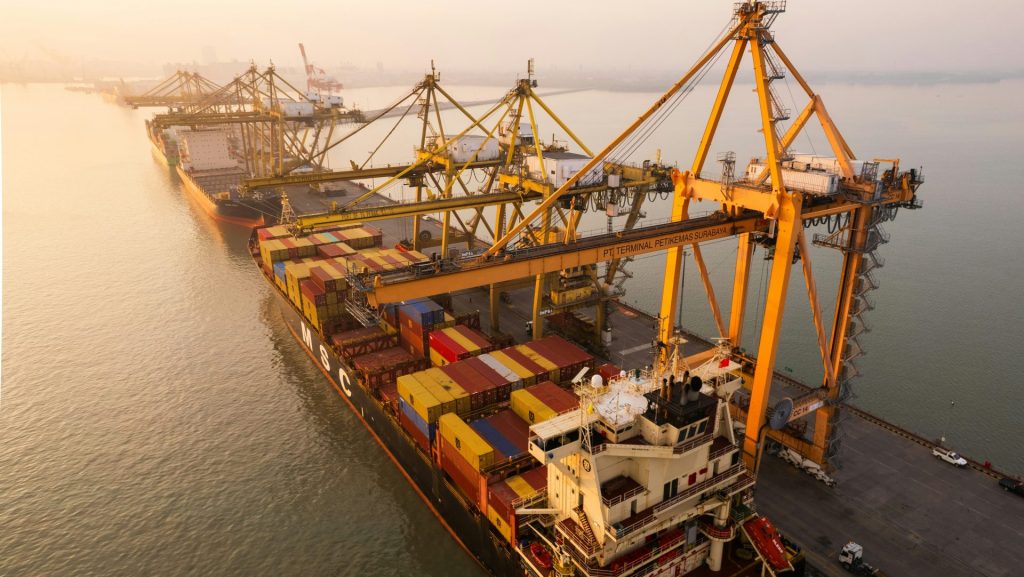 Cargo ship being loaded at a port with cranes